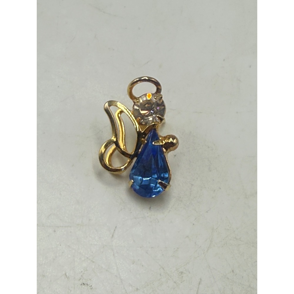 Vintage Gold Tone Angel Pin Blue Clear Rhinestone Celestial Guardian Tie Tack